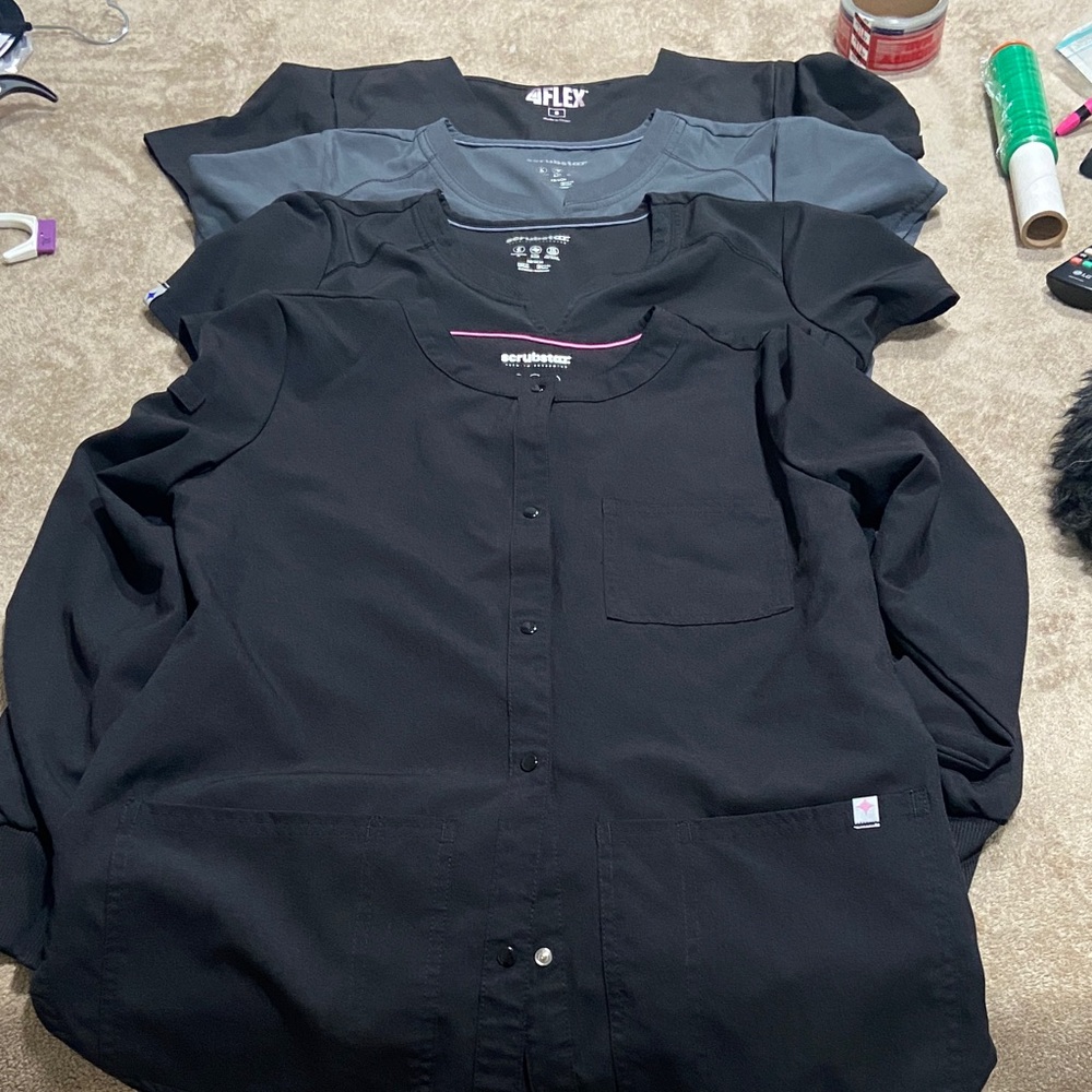 Black Button-Up Scrub Top+3 scrub top 2 blacks & 1 gray  4 pieces